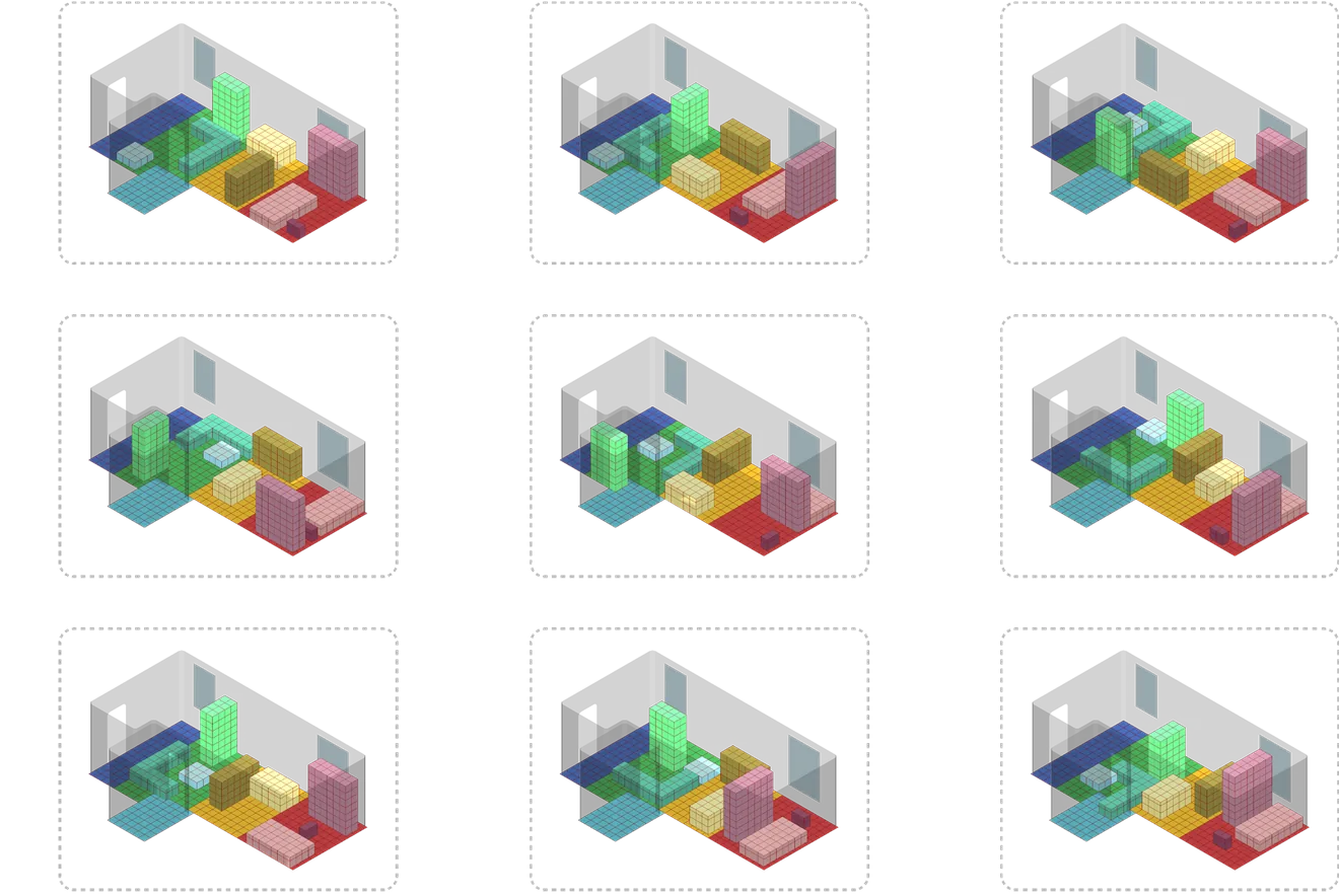 Nine candidate layouts generated for the same room